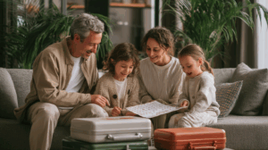 A cheerful family looking at a calendar and packing small suitcases in a living room