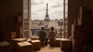 A couple unpacking boxes in a small Paris apartment with the Eiffel Tower visible through the window.