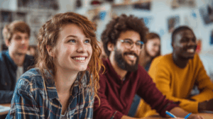 A diverse group of young adults in a language class.