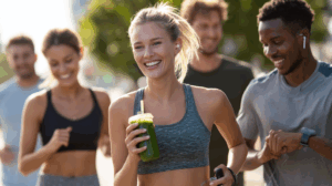 A group of adults jogging in the morning, one holding a green smoothie, another checking a fitness tracker.