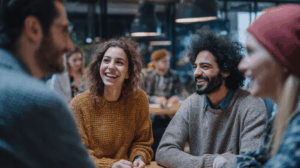 A group of young professionals at a co-working space talking to each other