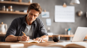 A man adult learner writing in a journal at a tidy desk with a cup of coffee, a calendar on the wall, and a laptop