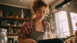 A woman in a modern kitchen stirring food in a pan while wearing an apron, looking focused.