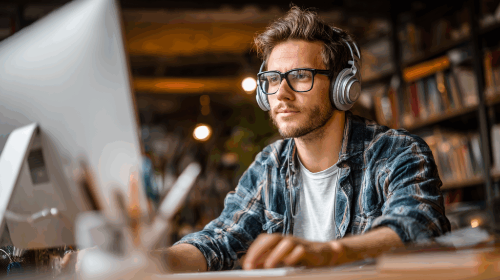 A young adult in a casual workspace, wearing headphones, looking at a computer screen and studying about English lessons