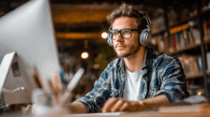 A young adult in a casual workspace, wearing headphones, looking at a computer screen and studying about English lessons