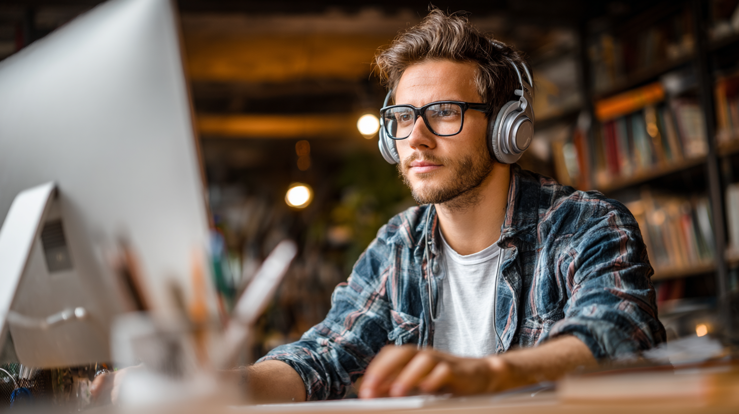 A young adult in a casual workspace, wearing headphones, looking at a computer screen and studying about English lessons