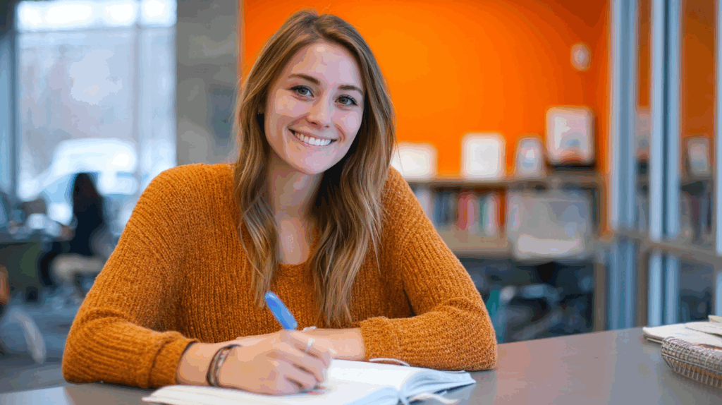 A young adult woman sitting at a desk with a notebook