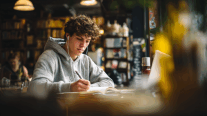A young man in a café writing in a notebook while listening to an English lesson on his laptop.