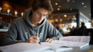 A young man studying alone at a café, highlighting a grammar book and writing “do/does” rules in a notebook.