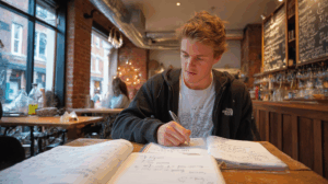A young man studying alone at a café, highlighting a grammar book and writing “do/does” rules in a notebook.