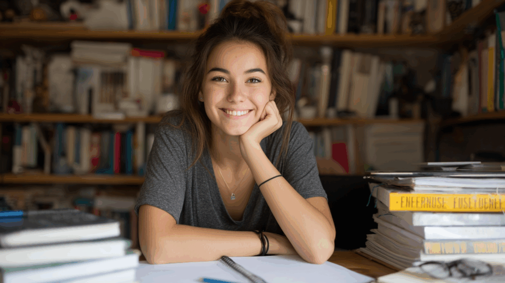 A young woman adult sitting at a desk with a notebook, surrounded by English grammar bookS