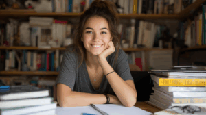 A young woman adult sitting at a desk with a notebook, surrounded by English grammar bookS
