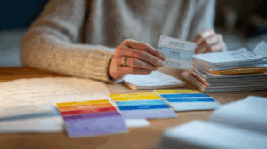 Adult learner using flashcards labeled with adverbs like “always”, “usually”, “never” at a study table.