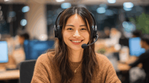 An Asian woman in an online English class, asking a question with a headset on, smiling and engaged.