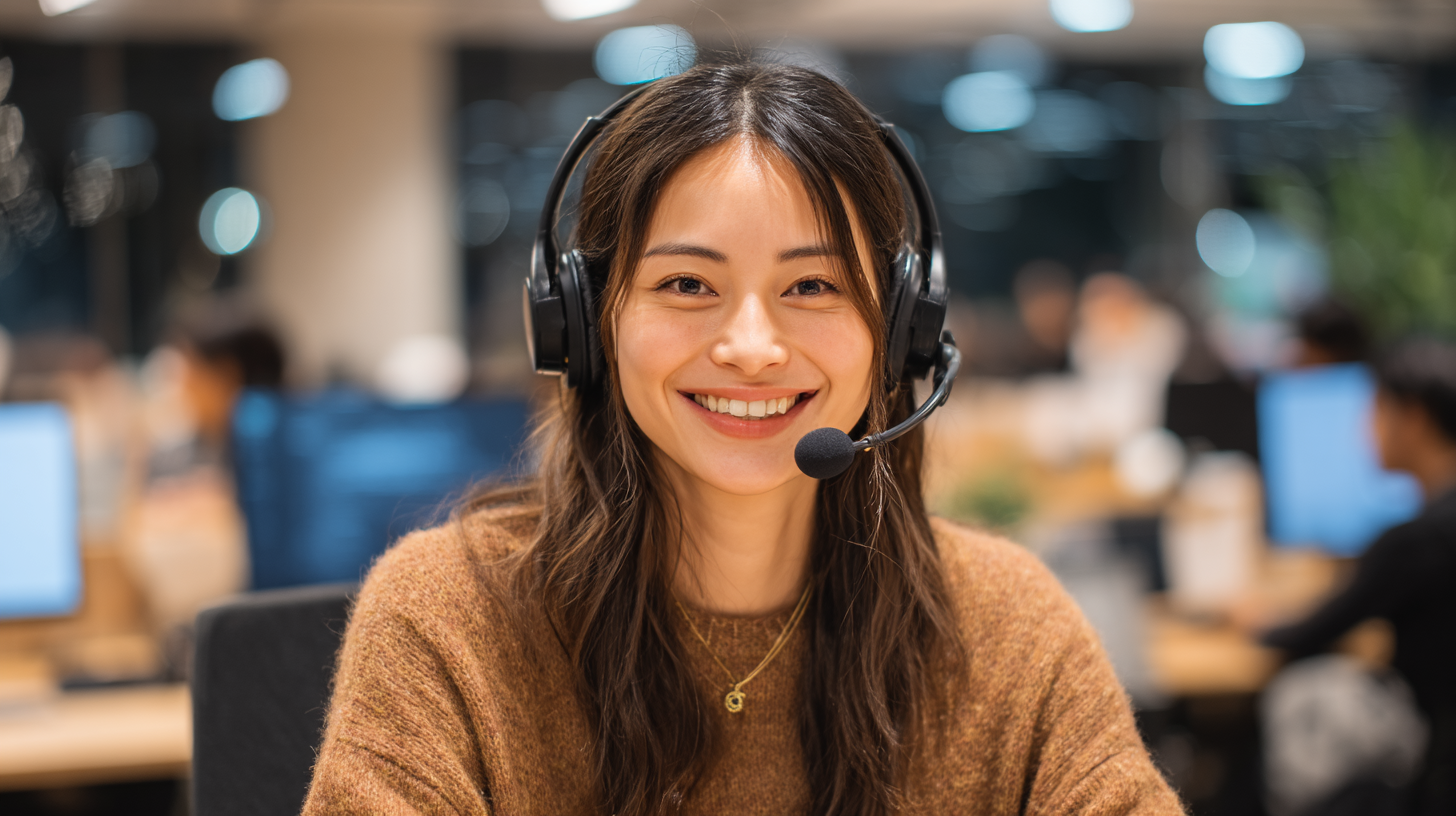 An Asian woman in an online English class, asking a question with a headset on, smiling and engaged.