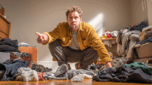 An adult man looking annoyed while pointing at clutter on the floor, like socks or bags