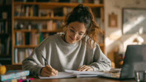 A young adult woman who is a student in an online virtual class happily studying English grammar lessons at home