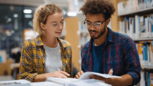 Two young professionals in a library discussing English grammar together, one pointing to a workbook with question forms.