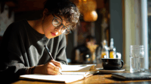 Young adult writing English practice sentences in a notebook at a quiet café.