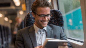 Young professional reviewing grammar notes on a tablet while commuting on a train he is smiling