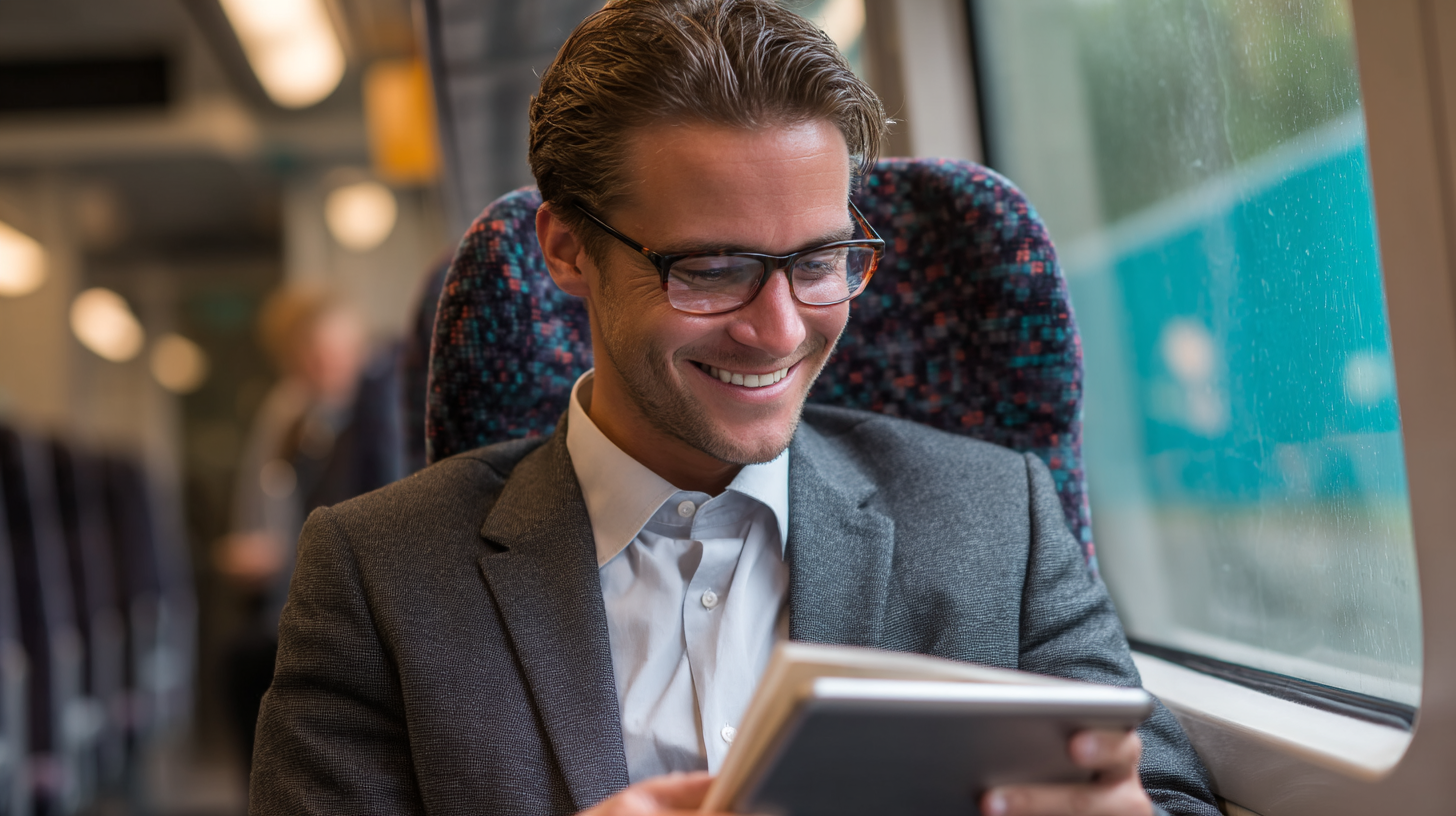 Young professional reviewing grammar notes on a tablet while commuting on a train he is smiling