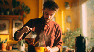 a young adult man making a cup of tea