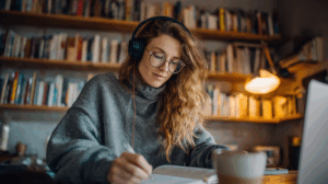 a young adult speaking on a video call and learning english