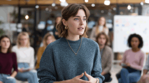 a young adult woman telling a story infront of her colleagues inside their office