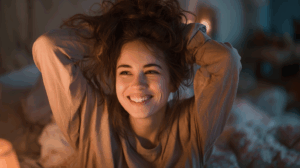 a young adult woman who happily wakes up at 6 am in the morning