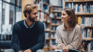 two young professionals man and woman talking to each other and studying English grammar in a library