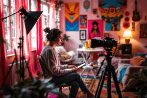 A content creator editing a vlog or tutorial video in a vibrant room setup