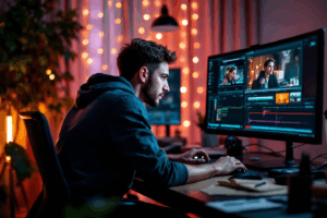  A person sitting focused at their desk, working meticulously on a video editing project.