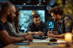 A group of people sitting around a table, collaborating on a video editing project.