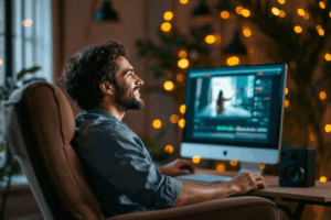A satisfied person sitting back in a comfortable chair, admiring their finished video project on a computer screen.