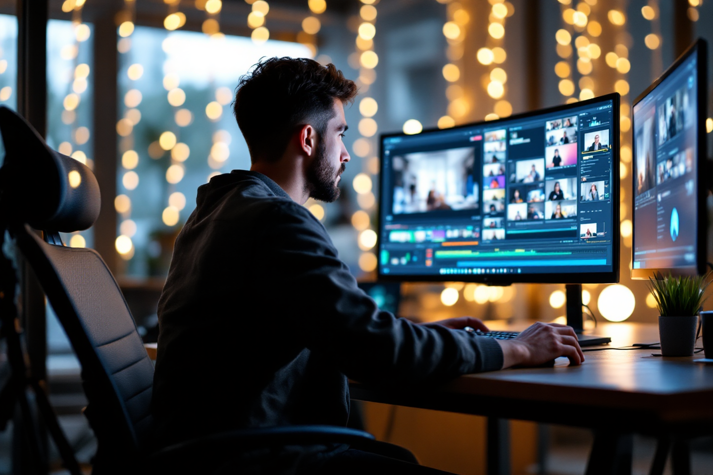 A modern professional sitting at a desk editing a video on a computer