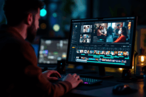 A young video editor working daily on different video projects, showing a calendar with editing sessions marked, and clips of various content types on a timeline