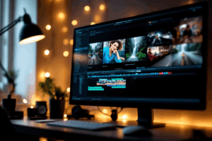 A creative workspace with a computer screen displaying a video timeline, showcasing various video clips, transitions, and text. 