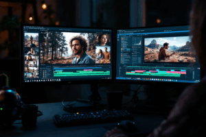 A freelance video editor managing multiple client requests on a dual-monitor setup