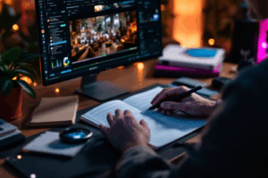 A person reading or watching a tutorial on video editing, with books, online courses, and new software tools scattered around them. 