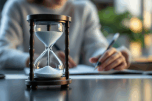 An animated hourglass or stopwatch next to a person studying at a desk. 