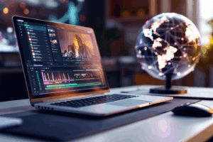 A sleek, modern desk with a laptop displaying video editing software, with a digital globe in the background, representing global connectivity. 
