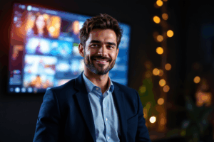 A confident startup founder standing in front of a glowing screen