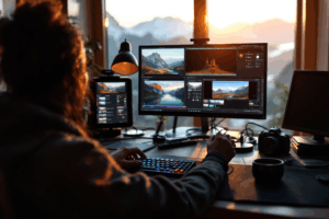 A travel enthusiast sitting at a desk