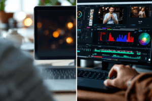 A digital workspace with video editing software update notifications, news headlines about trends in video editing, and new plugins being installed. 