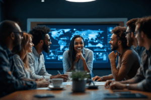 A diverse team in a meeting room reviewing a project on a screen