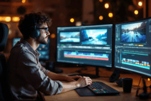 A young video editor sitting at a desk comparing different video editing software on a large computer screen 