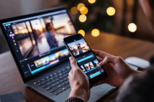 A person using a smartphone or laptop to edit a video