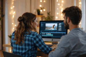 A couple editing wedding or anniversary footage on a computer