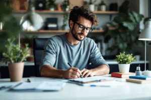 A freelancer who offers graphic design and writing services sitting at their desk