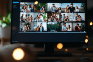 A montage of family moments or casual gatherings being edited on a computer screen. 